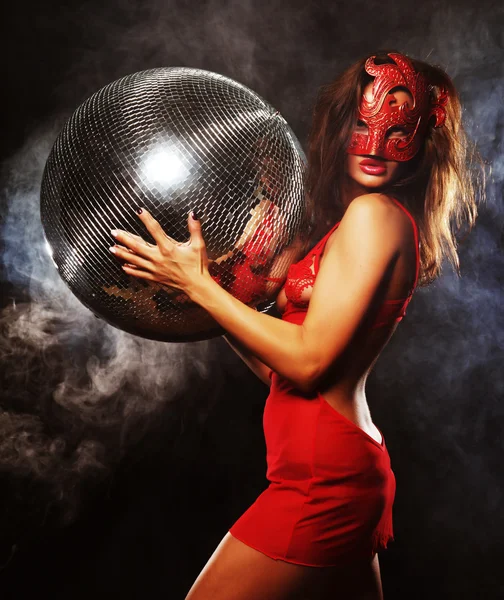 Lady in mask with disco ball — Stock Photo, Image