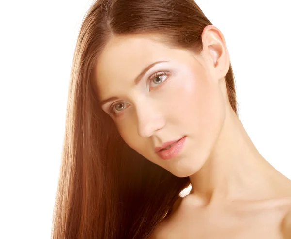 Retrato com belo cabelo longo marrom brilhante — Fotografia de Stock