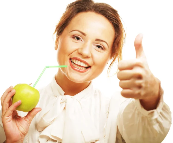 Женщина с яблоком и соломинкой — стоковое фото