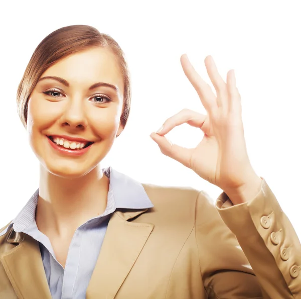 Happy smiling business woman with okay gesture — Stock Photo, Image