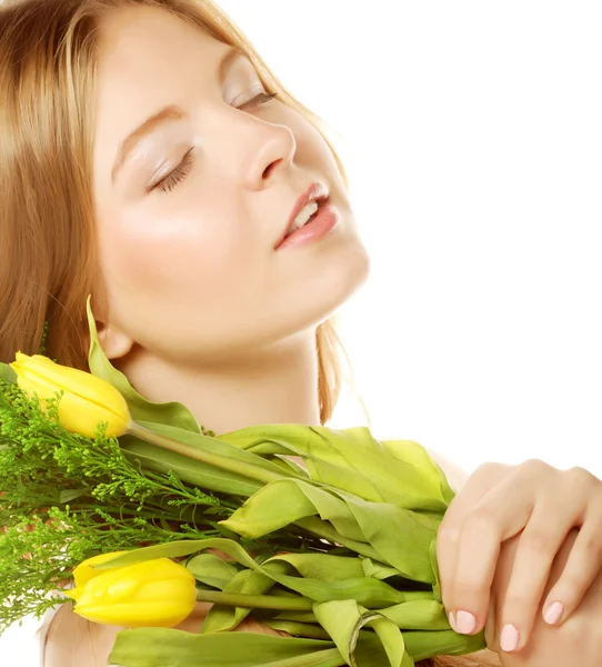 Portrait of beautiful girl with tulips — Stock Photo, Image