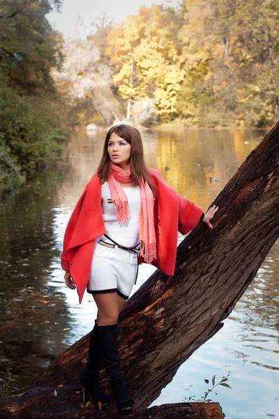 Young smiling woman in autumn park — Stock Photo, Image