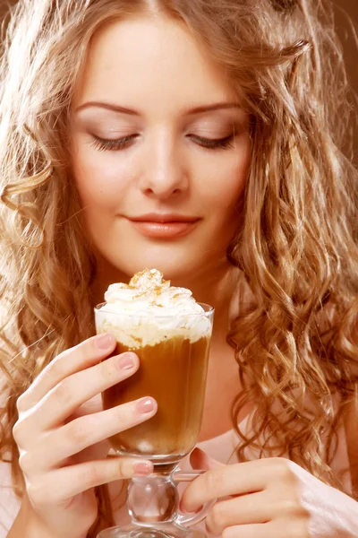 Girl with glass of coffee witn cream — Stock Photo, Image