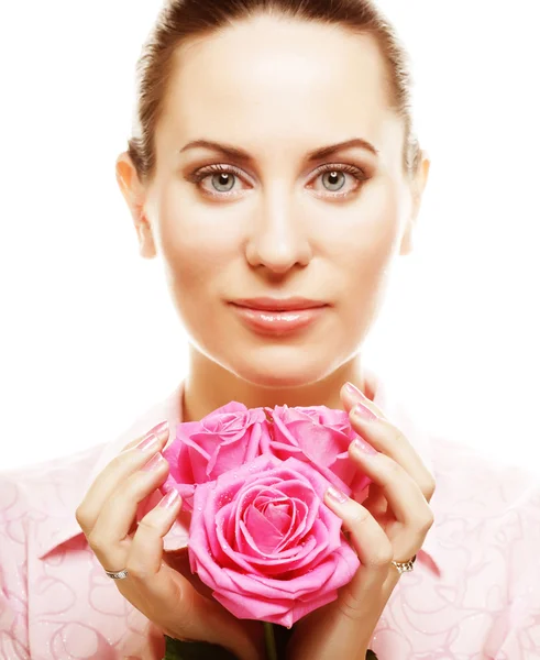 Woman with pink roses — Stock Photo, Image