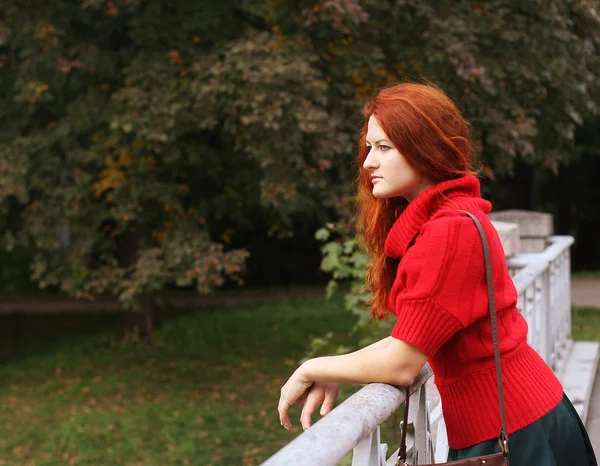 Mujer de moda en puente en el parque de otoño — Foto de Stock