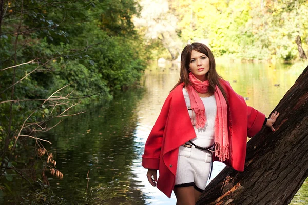 Young smiling woman in autumn park — Stock Photo, Image