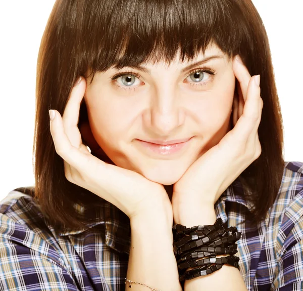 Jeune souriant portrait de femme heureuse sur blanc — Photo