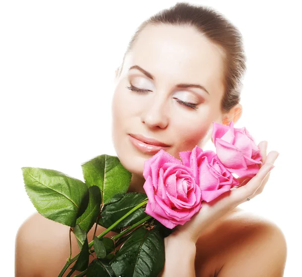 Woman with pink roses — Stock Photo, Image