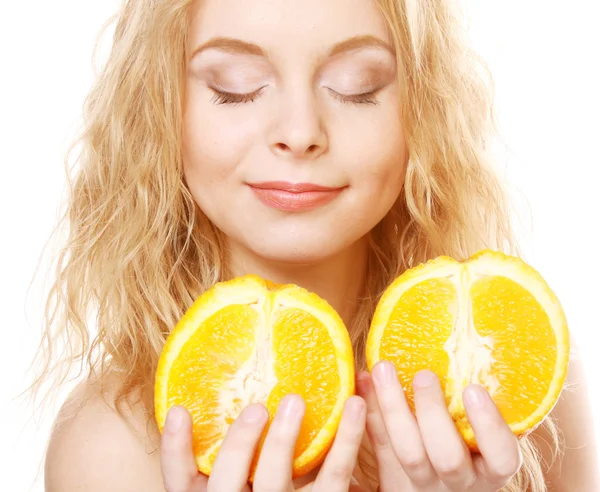 Blond woman with oranges in her hands — Stock Photo, Image