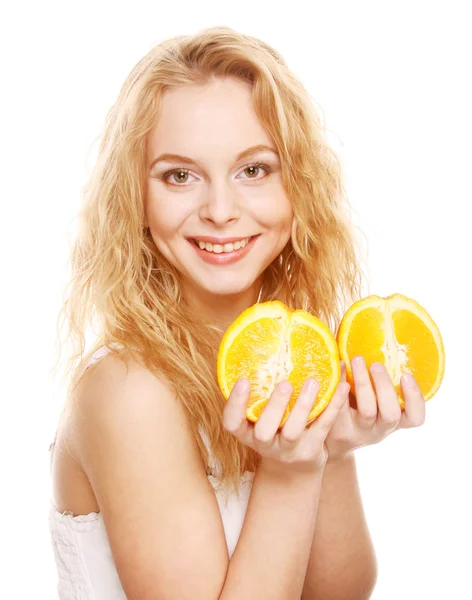 Mujer rubia con naranjas en las manos — Foto de Stock