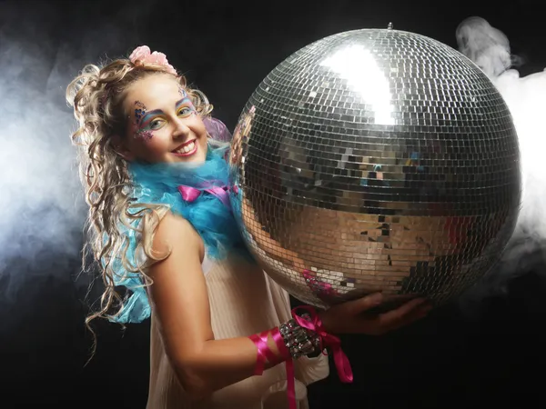 Woman in doll style with disco ball — Stock Photo, Image