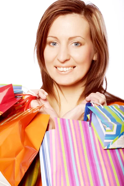 Woman happy holding shopping bags. — Stock Photo, Image