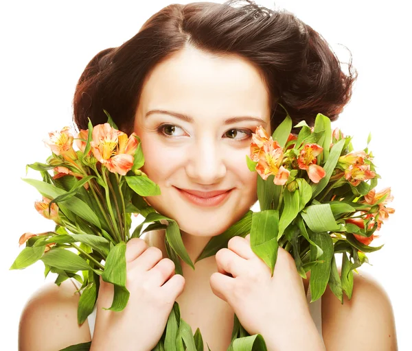 Woman fith bright pink-yellow flowers — Stock Photo, Image