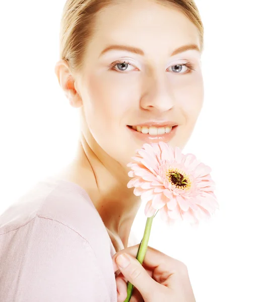 Donna con fiore di gerbero — Foto Stock