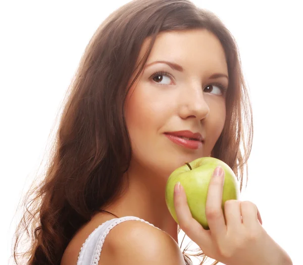 Glücklich lächelnde Frau mit Apfel — Stockfoto