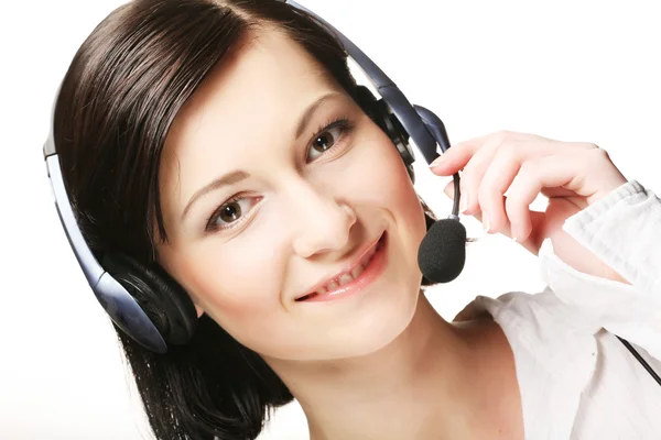 Lachende vrolijke ondersteuning telefoon operator in de hea — Stockfoto