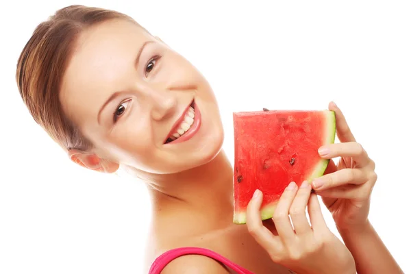 Kvinna med vattenmelon redo att ta en tugga — Stockfoto
