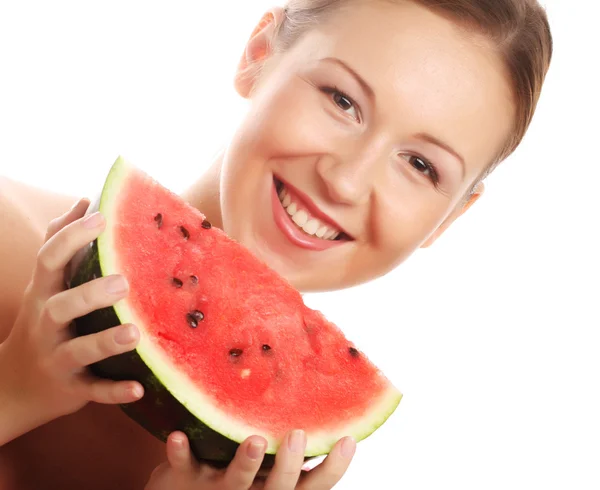 Vrouw met watermeloen klaar om te nemen van een hap — Stockfoto