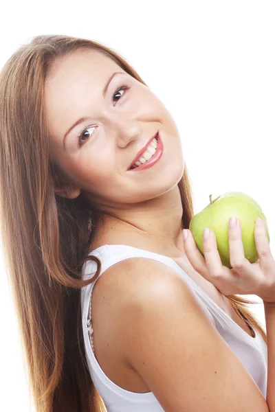 Счастливая улыбающаяся женщина с яблоком — стоковое фото