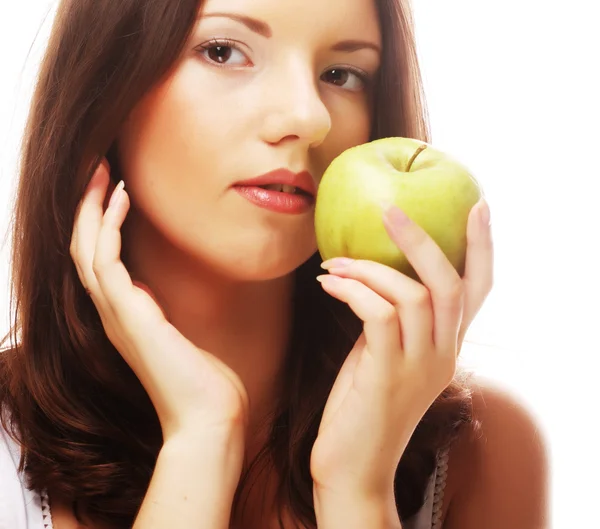 Feliz mujer sonriente con manzana, aislada en blanco —  Fotos de Stock
