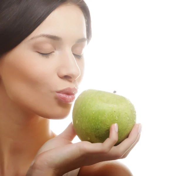 Joven feliz sonriente mujer con manzana — Foto de Stock