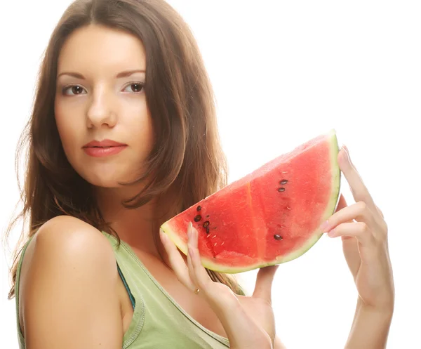 Vrouw met watermeloen klaar om te nemen van een hap — Stockfoto