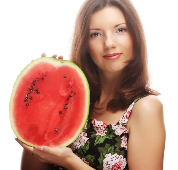 Schoonheid vrouw watermeloen houdt in haar hand — Stockfoto