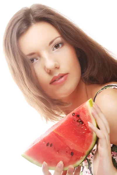Skönhet kvinna med vattenmelon i hennes hand — Stockfoto
