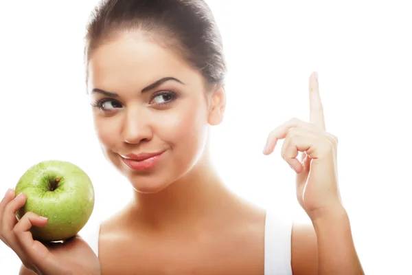 Cabeza de mujer sosteniendo manzana — Foto de Stock