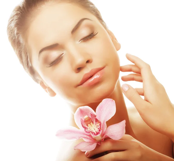 Girl with pink flower on white background — Stock Photo, Image