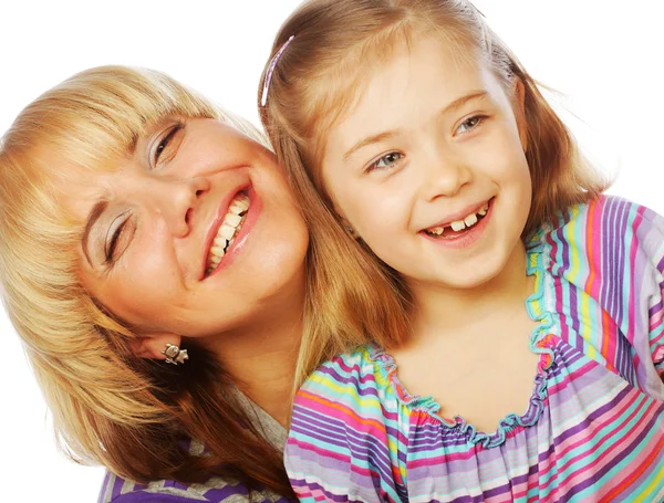 Little girl with her happy mom isolated on white — Stock Photo, Image