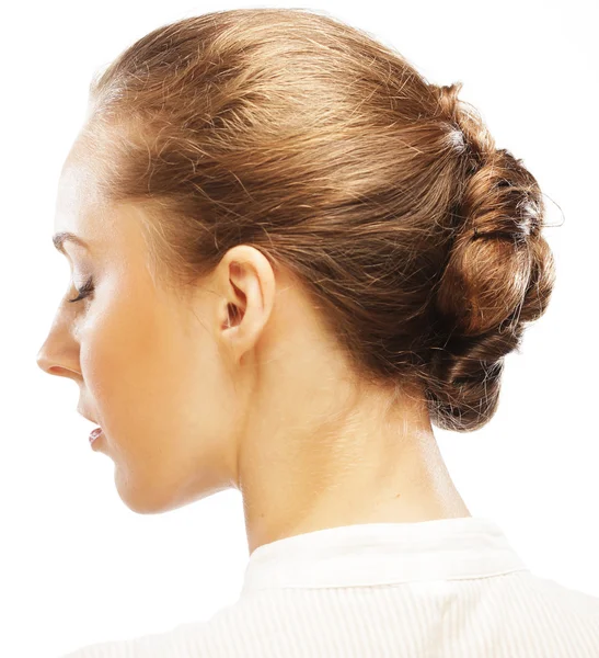 Female face in profile with makeup and hairstyle — Stock Photo, Image