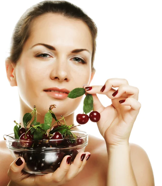 Woman with cherries over white — Stock Photo, Image