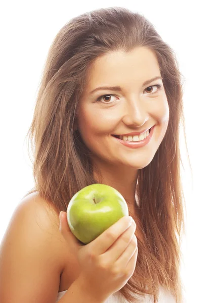 Gelukkig vrouw met groene appel — Stockfoto