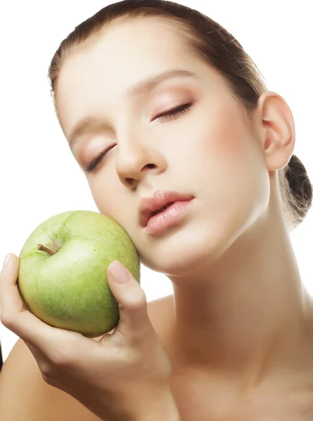 Head shot of woman holding apple — Stock Photo, Image