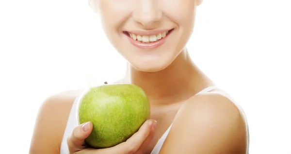 Joven feliz sonriente mujer con manzana —  Fotos de Stock