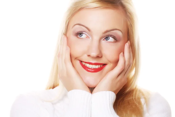 Woman face closeup with vivid red lipstick — Stock Photo, Image