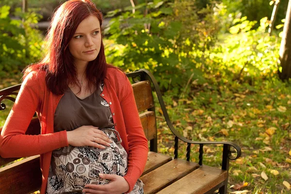 Mujer embarazada caminando en el parque de otoño —  Fotos de Stock