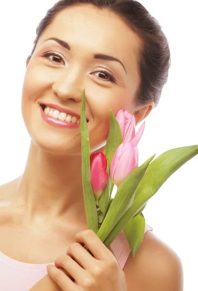 Young asian woman with tulips — Stock Photo, Image