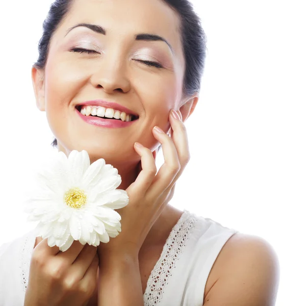 Saúde fresca mulher asiática com gerber branco — Fotografia de Stock