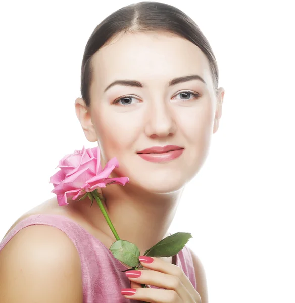 Woman with pink rose — Stock Photo, Image