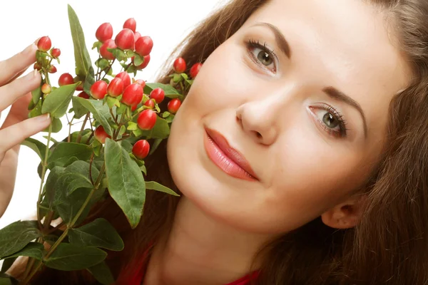 Vrouw met roze bloemen — Stockfoto