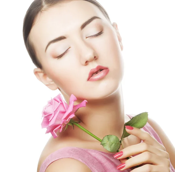 Woman with pink rose — Stock Photo, Image