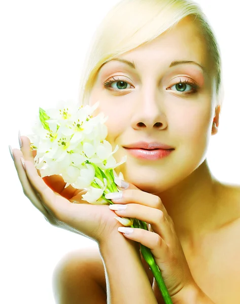 Fresh face with gladiolus flowers in her hands — Stock Photo, Image