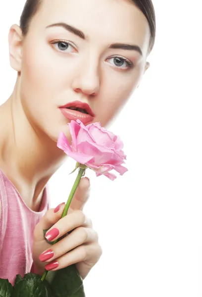 Woman with pink rose — Stock Photo, Image