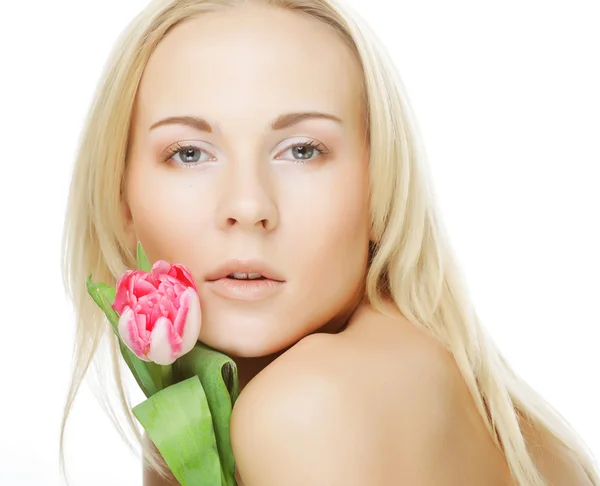 Blonde girl with tulip — Stock Photo, Image