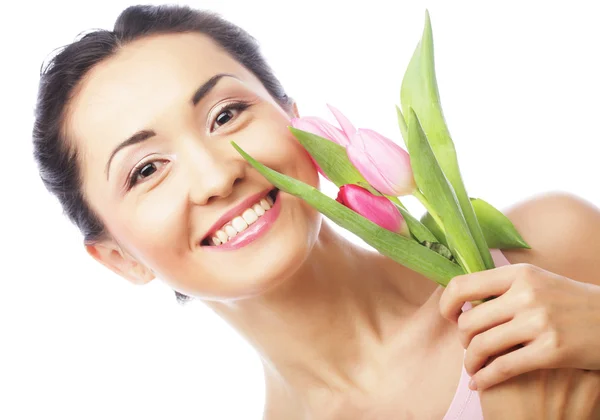 Young asian woman with tulips — Stock Photo, Image