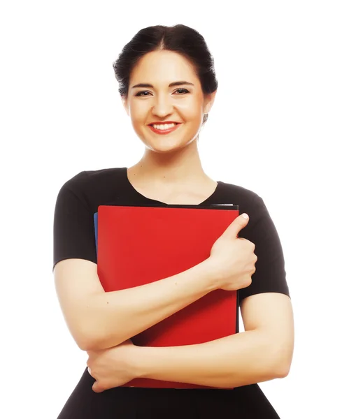 Mujer de negocios sonriente con carpeta roja —  Fotos de Stock