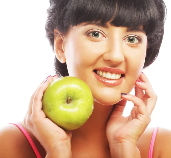 Ung glad leende kvinna med grönt äpple — Stockfoto