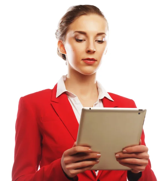 Mujer de negocios utiliza una tableta móvil —  Fotos de Stock